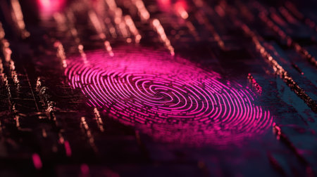 Stunning close-up of a fingerprint design illuminated with vibrant neon colors, showcasing intricate patterns on a digital surface, perfect for creative projects.の素材
