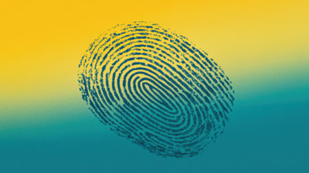 A striking fingerprint design set against a vibrant gradient background, showcasing themes of identity, security, and personalization in a contemporary context.の素材