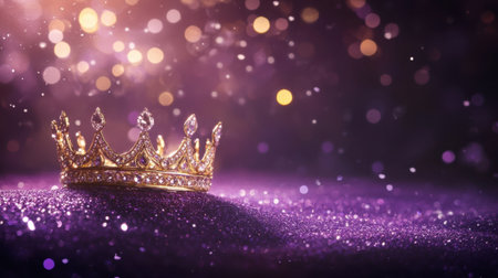 This stunning image features a golden crown with intricate jewel designs resting on a rich purple surface, surrounded by enchanting bokeh lights, creating a magical ambiance.の素材