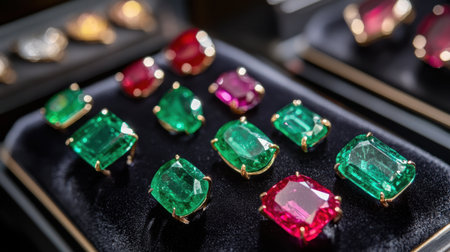 This captivating image showcases a stunning array of vibrant gemstones, including emeralds and rubies, meticulously arranged on luxurious black velvet.の素材