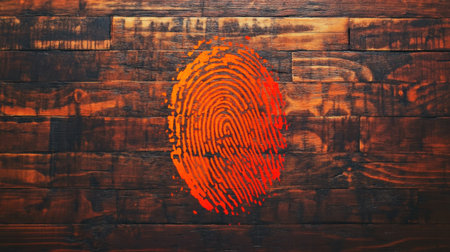 This striking image features an abstract fingerprint design, vividly showcased against a dark wooden backdrop. It symbolizes identity, uniqueness, and creativity, perfect for modern art themes.の素材