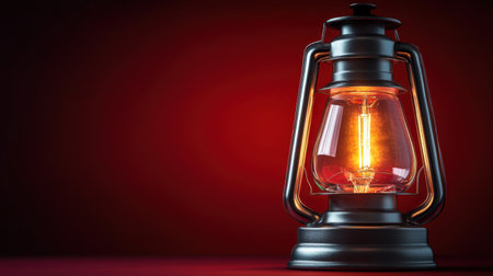 A beautifully crafted vintage lantern emits a warm glow, set against a rich red background. This image evokes feelings of nostalgia and tranquility.の素材