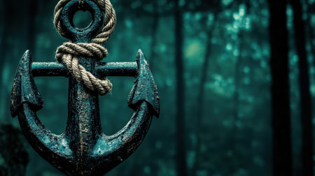 A weathered anchor wrapped in rope stands prominently against a foggy forest background, creating an atmosphere filled with mystery and adventure.の素材