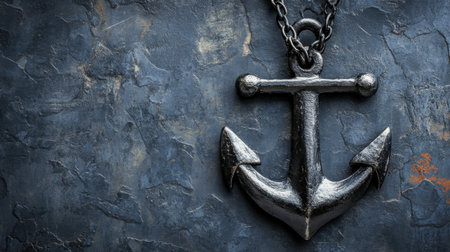 A detailed still life featuring a rustic metal anchor pendant suspended by a chain against a dark textured background, suitable for nautical-inspired artistic themes.の素材
