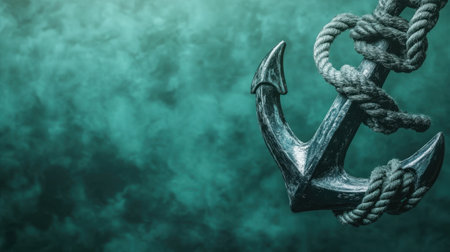 This captivating image features a close-up of a vintage anchor entwined with rope, set against a serene turquoise backdrop. Perfect for nautical themes.の素材