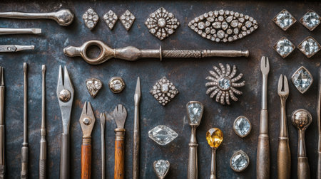 A stunning arrangement of vintage tools and jewelry components showcasing intricate designs and luxurious materials, perfect for inspiration in crafting and design.の素材