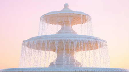 A stunning three-tier fountain showcasing flowing water, set against a colorful sunset sky. Perfect for depicting elegance, peace, and beauty in outdoor spaces.の素材
