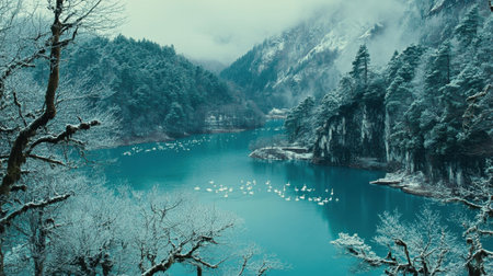 Explore a tranquil winter landscape featuring a calm turquoise lake surrounded by majestic snow-covered mountains and trees. Ideal for nature lovers.の素材