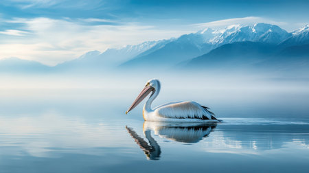 A graceful white pelican swims gently across a serene lake, surrounded by misty mountains, creating a peaceful and tranquil landscape scene.の素材