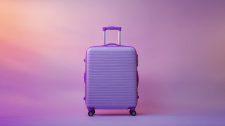 A chic purple suitcase stands against a soft gradient background, embodying modern travel style. Ideal for showcasing travel themes and vacation moods.の素材