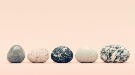 A stunning arrangement of five unique pebbles showcasing various textures and colors against a soothing pastel background, perfect for minimalist art.の素材