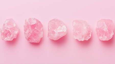 A beautiful arrangement of raw pink quartz crystals set against a soft pink background, perfect for themes of natural beauty and wellness.の素材