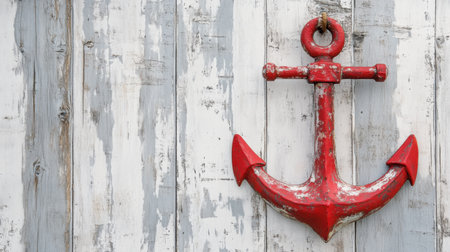 This image features a striking red anchor mounted on a rustic wooden background, showcasing a charming weathered texture perfect for nautical-themed decor.の素材