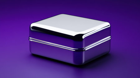 This image features a sleek glossy metallic box resting on a vibrant purple background. The reflective surface enhances its modern aesthetics, making it suitable for a variety of design applications.の素材