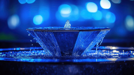 A stunning water fountain illuminated by blue lighting creates a serene nighttime atmosphere. The flowing water adds tranquility and beauty to any setting.の素材