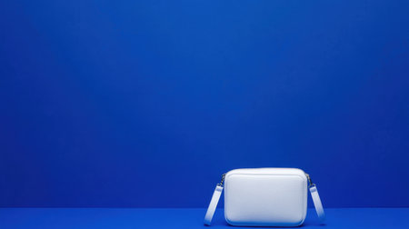 This image features a minimalistic white handbag placed on a vibrant blue background, highlighting its contemporary design and stylish appeal. Ideal for fashion and lifestyle projects.の素材