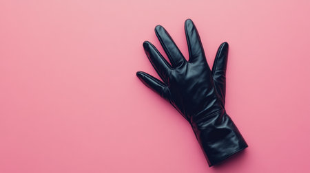 A black leather glove lies elegantly on a soft pink background, showcasing its sleek design and texture. Ideal for fashion or artistic projects.の素材