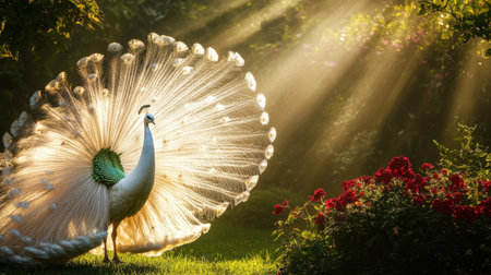 A striking white peacock proudly displays its magnificent feathers in a tranquil garden setting, illuminated by soft rays of sunlight through trees.の素材
