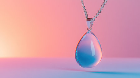 This image captures a stunning teardrop pendant necklace with a unique color gradient, set against a soft pastel backdrop, evoking elegance and style.の素材