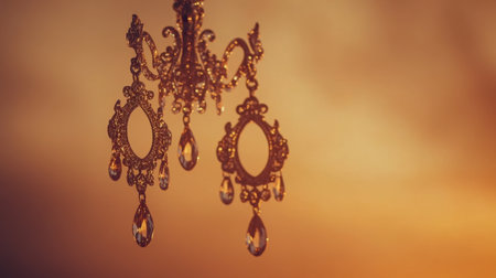 This captivating image showcases an elegant vintage chandelier with intricate details and sparkling crystals, elegantly silhouetted against a warm sunset.の素材