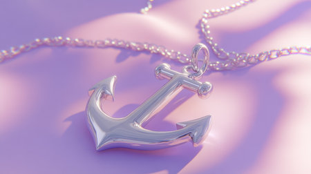 This stunning silver anchor pendant necklace with a delicate chain is perfect for adding a touch of nautical charm to any outfit, featuring a soft pastel background.の素材