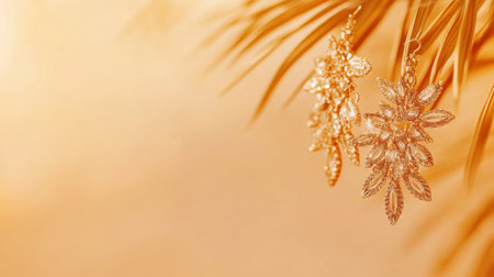 This image features exquisite golden earrings elegantly displayed against a warm background, invoking luxury and sophistication. Perfect for fashion or jewelry themes.の素材