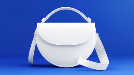This striking white handbag is set against a vibrant blue background, perfect for showcasing fashion accessories in an elegant and modern style.の素材