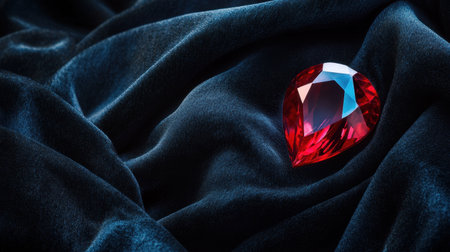 A stunning red gemstone rests elegantly on luxurious deep blue velvet fabric, showcasing its brilliance and beauty. Ideal for jewelry display or advertisement.の素材