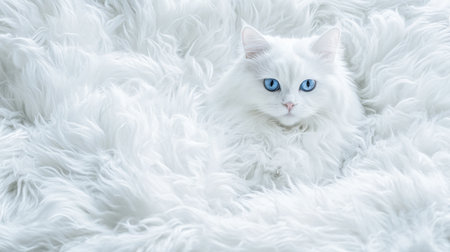 A beautiful white cat with captivating blue eyes rests softly on a fluffy white fur blanket, creating an atmosphere of comfort and tranquility in a cozy indoor setting.の素材