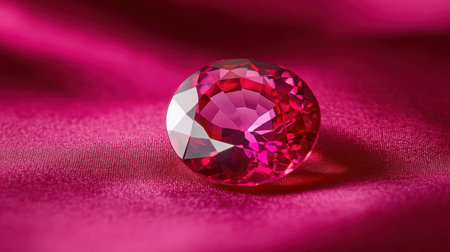 This exquisite close-up image showcases a brilliant pink gemstone captured on a luxurious fabric background, highlighting its vibrant hues and intricate facets.の素材
