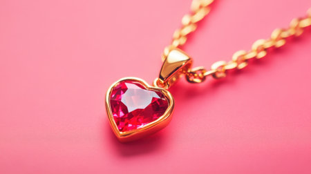 This image showcases an elegant gold necklace featuring a heart-shaped ruby pendant, beautifully highlighted against a soft pink background, evoking romance.の素材