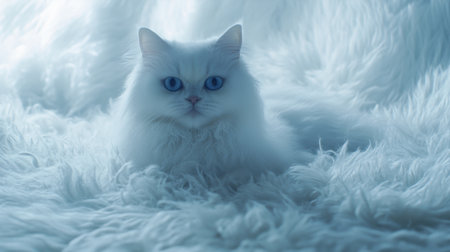 A stunning white cat with vivid blue eyes lounges gracefully on a fluffy blanket, showcasing its beauty and elegance in a tranquil indoor setting.の素材