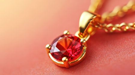 This striking close-up image showcases a luxurious gold necklace featuring a vibrant red gemstone. The elegant design highlights the beautiful craftsmanship and intricate details, making it a perfect accessory for any special occasion.の素材