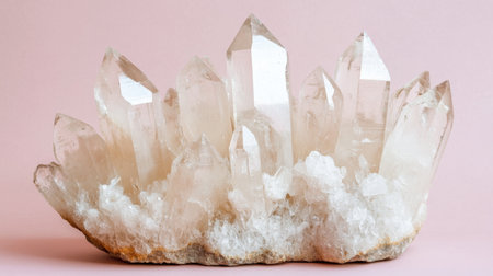 This stunning image features a clear quartz crystal cluster resting on a soft pastel background, perfect for decoration and promoting healing practices in various spaces.の素材
