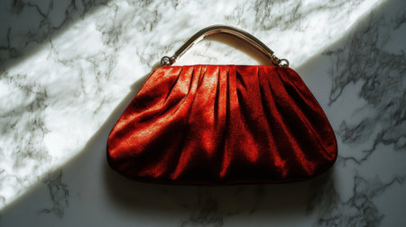 A stunning red handbag rests on a marble surface, showcasing its luxurious texture and elegant design. Soft shadows enhance the vibrant color and chic appeal.の素材
