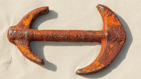 This image features a rusty ship anchor resting on a sandy beach, showcasing weathered paint and textured surface under sunlight, illustrating maritime history.の素材