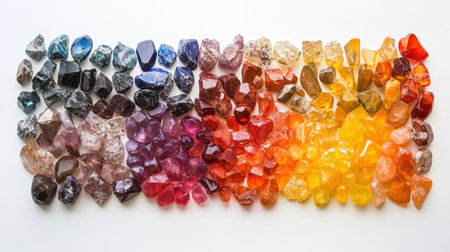 A stunning array of multi-colored crystals is displayed in a gradient, highlighting their natural beauty, unique textures, and radiant hues, perfect for decoration.の素材