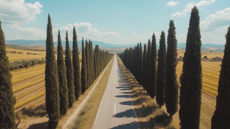 This captivating image showcases a long road flanked by tall cypress trees, offering a picturesque view of the Italian countryside bathed in sunlight.の素材