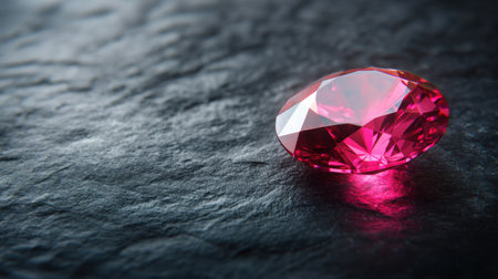 This image captures a stunning red gemstone resting elegantly on a dark slate surface. The light reflects beautifully, showcasing its intricate cut and vivid color, ideal for luxury or jewelry-related projects.の素材