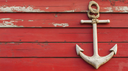 A beautifully crafted wooden anchor adorned with rope hangs against a striking red wooden surface. Ideal for nautical themes, this image evokes coastal charm and simplicity.の素材