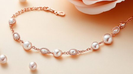 This stunning rose gold bracelet features pearls and intricate gemstones, perfect for adding luxury to any outfit. A delicate design enhances elegance.の素材