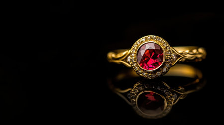 This stunning golden ring features an exquisite red gemstone centered among sparkling diamonds, reflecting beautifully on a dark surface, showcasing elegance.の素材