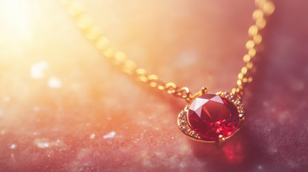This stunning gold necklace features a large red gemstone pendant that adds a touch of elegance and luxury. Its exquisite design shines beautifully in soft lighting, making it a perfect choice for showcasing fine jewelry in any setting.の素材