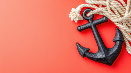 A striking black anchor paired with twisted rope and a decorative starfish, set against a bright color background, ideal for maritime themes.の素材