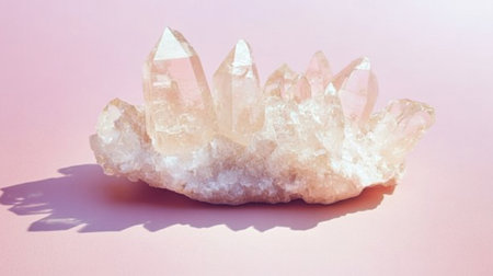 A stunning natural crystal cluster sits elegantly on a soft pink background, showcasing its intricate shapes, light reflections, and serene beauty.の素材