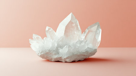 A mesmerizing clear crystal cluster resting on a soft pink background highlights its natural beauty and iridescence, creating a serene and elegant atmosphere.の素材