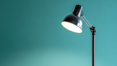 A sleek modern desk lamp casts a warm glow in a minimalist setting, showcasing an elegant style against a soft turquoise background. Perfect for design enthusiasts.の素材