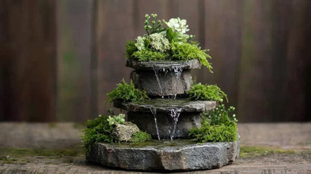 A beautiful three-tiered stone fountain with flowing water, elegantly adorned with vibrant greenery and delicate flowers, creating a tranquil garden feature.の素材