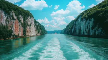 A breathtaking view of a tranquil river flanked by towering cliffs and vibrant foliage, capturing the essence of nature's beauty under a clear blue sky.の素材