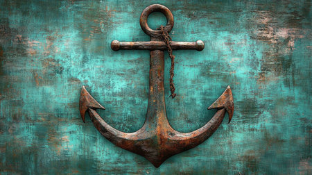 This image features a vintage rusty metal anchor set against a weathered teal background, ideal for nautical themes and coastal decor.の素材